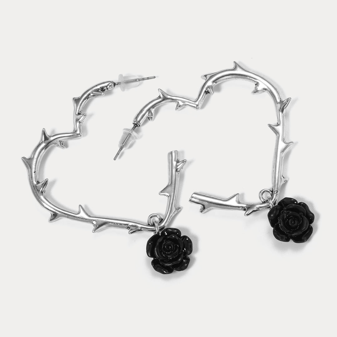 Black Rose Thorn Heart Hoop Earrings