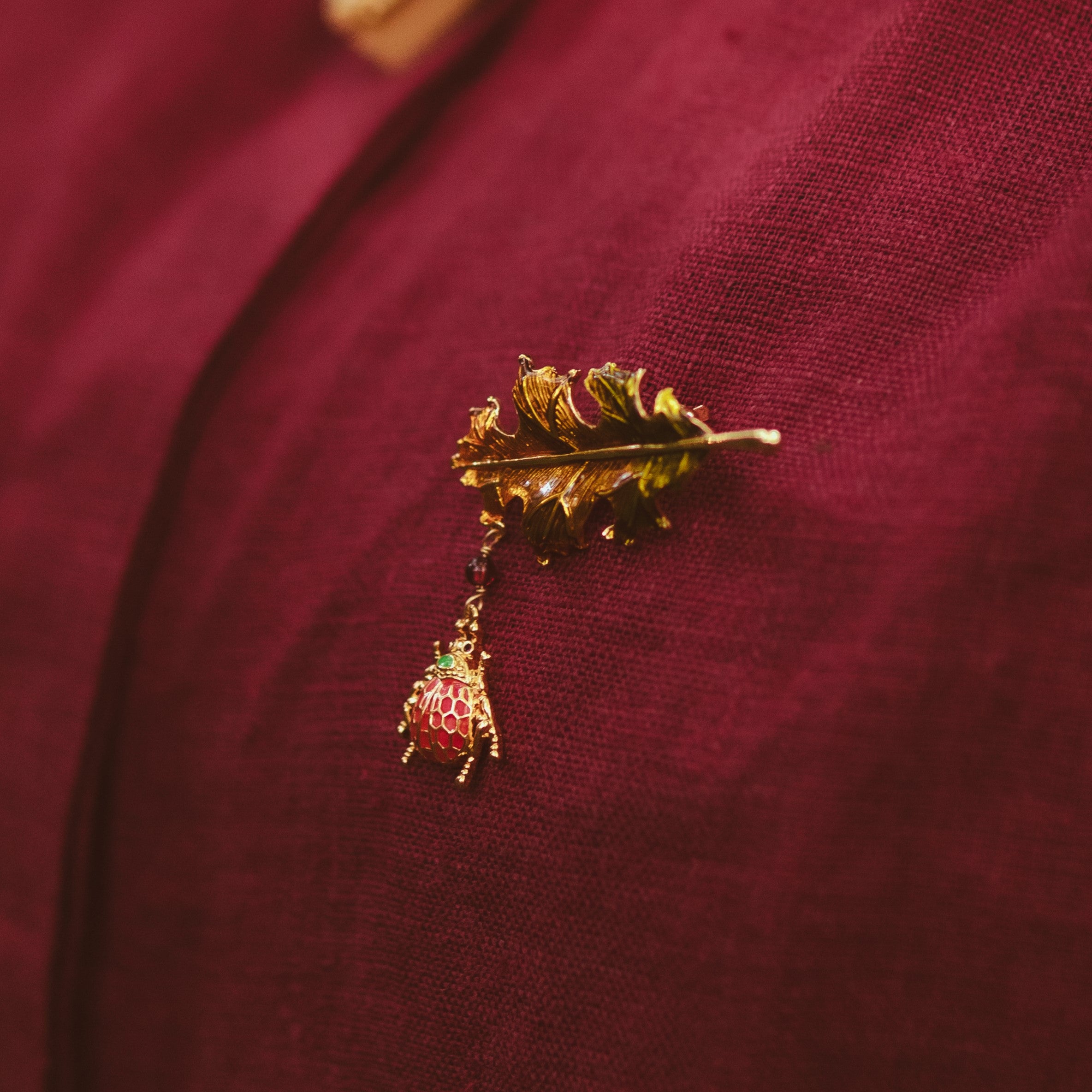 Enamel Ladybug Leaf Brooch