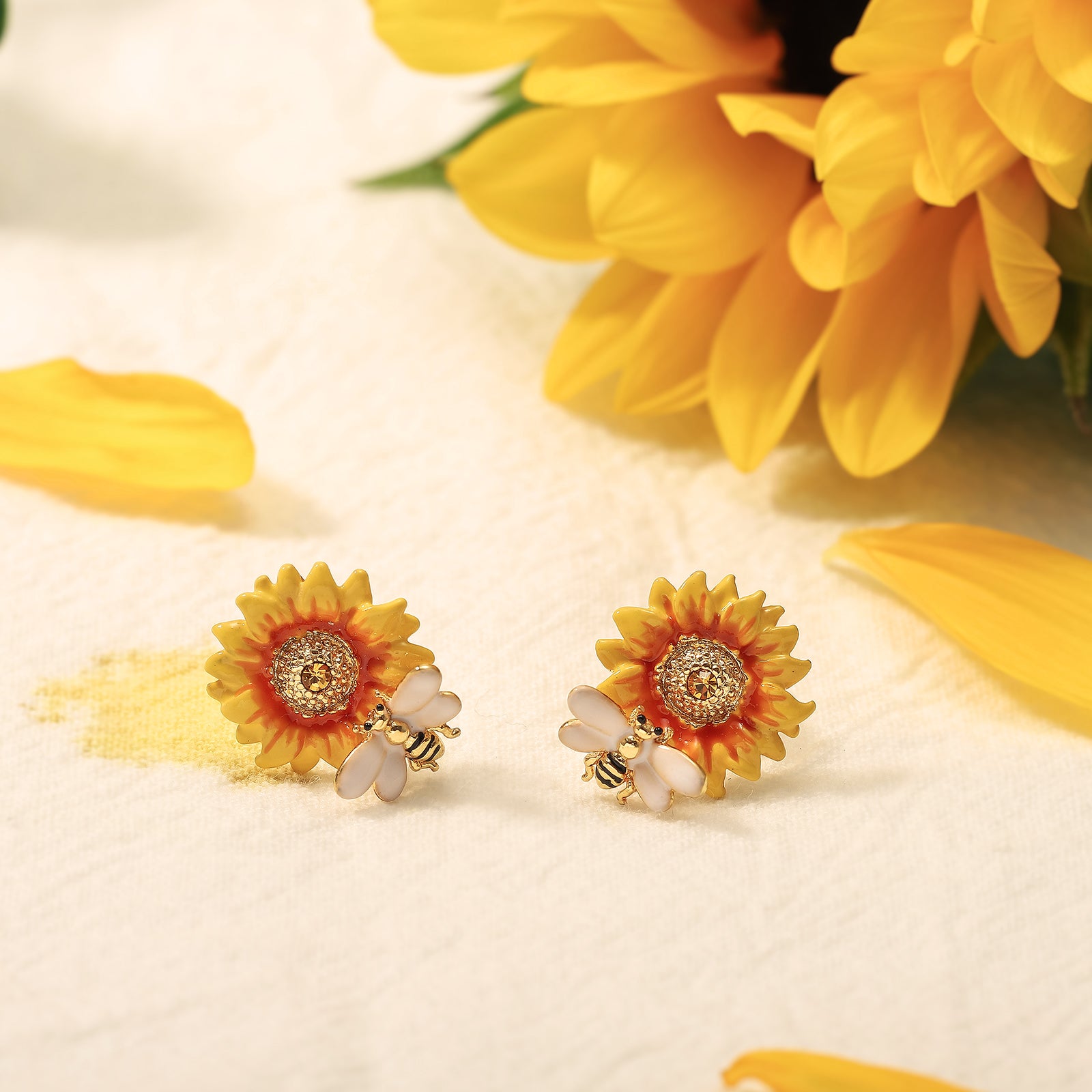 Sunflower & Bee Stud Gold Earrings