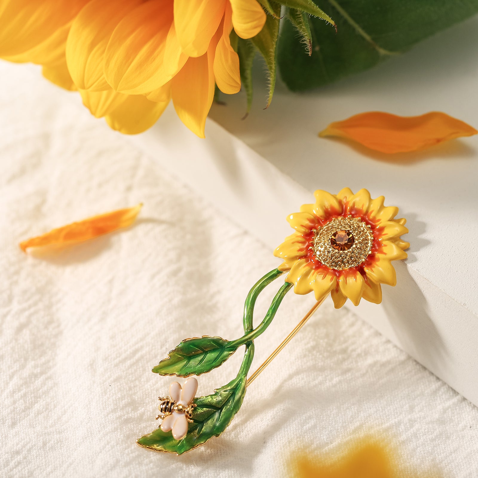 Enamel Sunflower & Bee Brooch