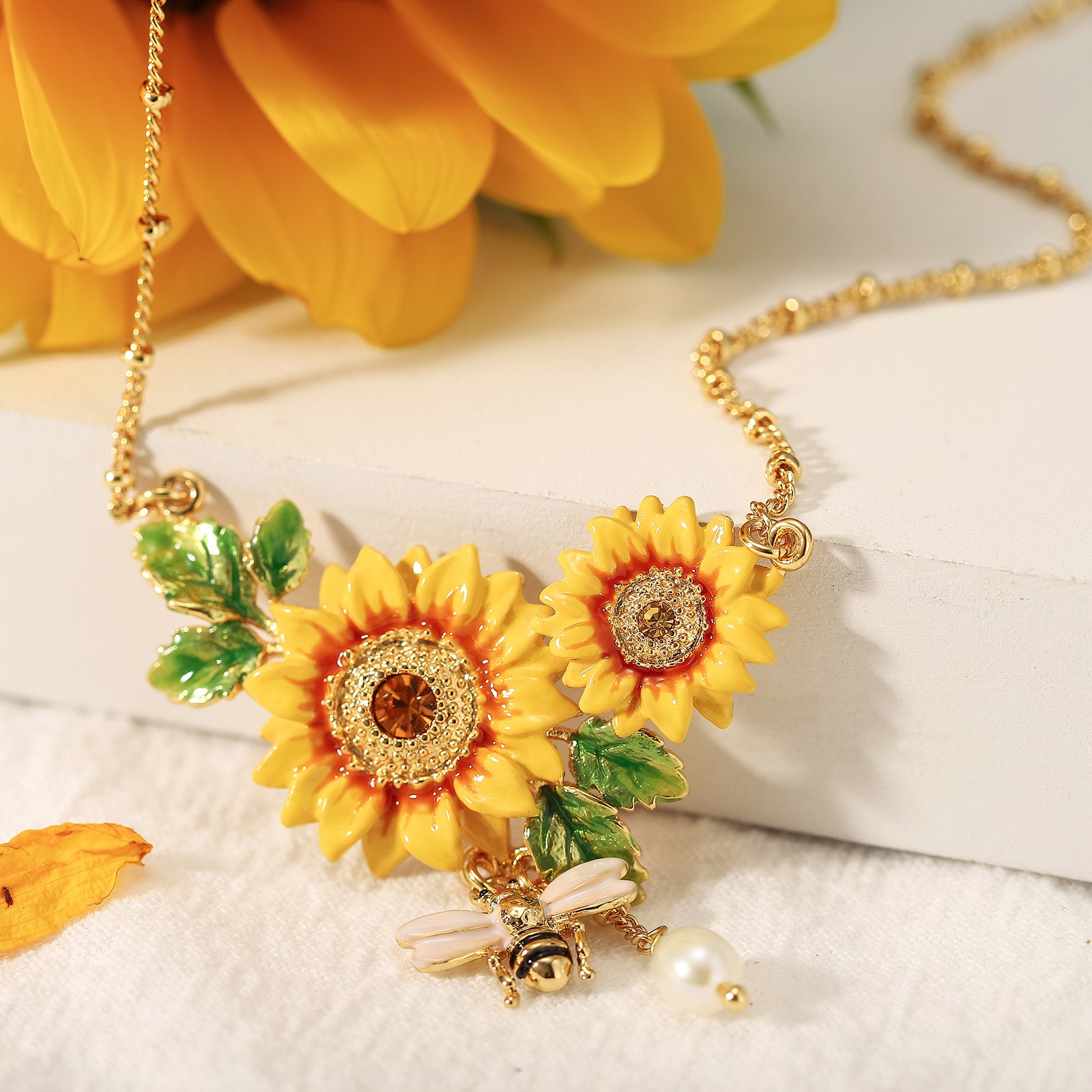 Gold Sunflower & Bee Necklace