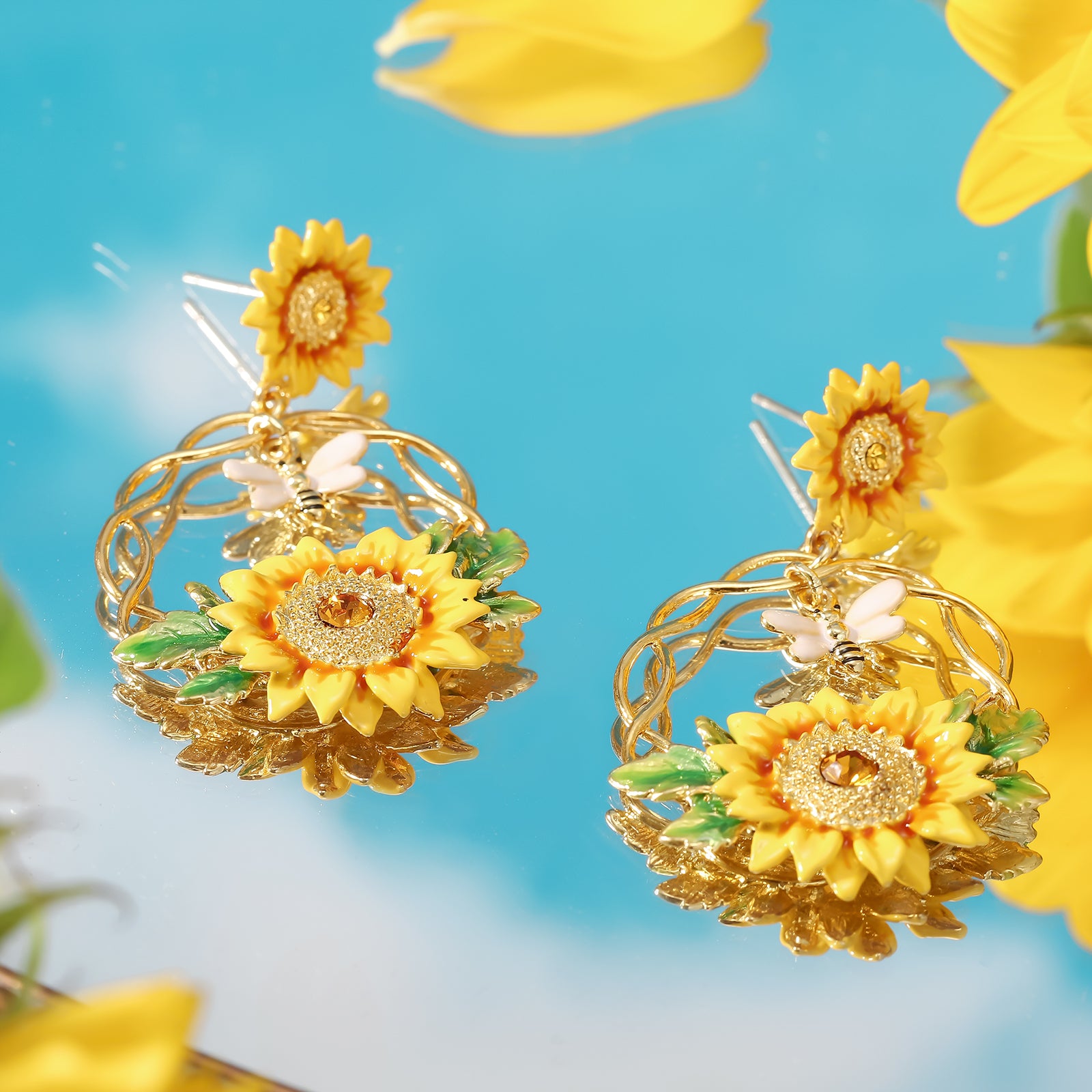 Sunflower & Bee Dangling Earrings