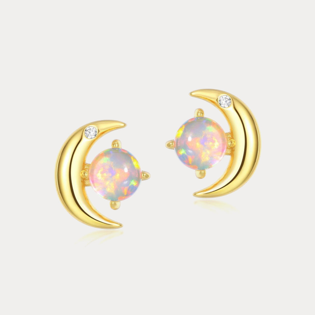 Gold Moon Star Opal Stud Earrings