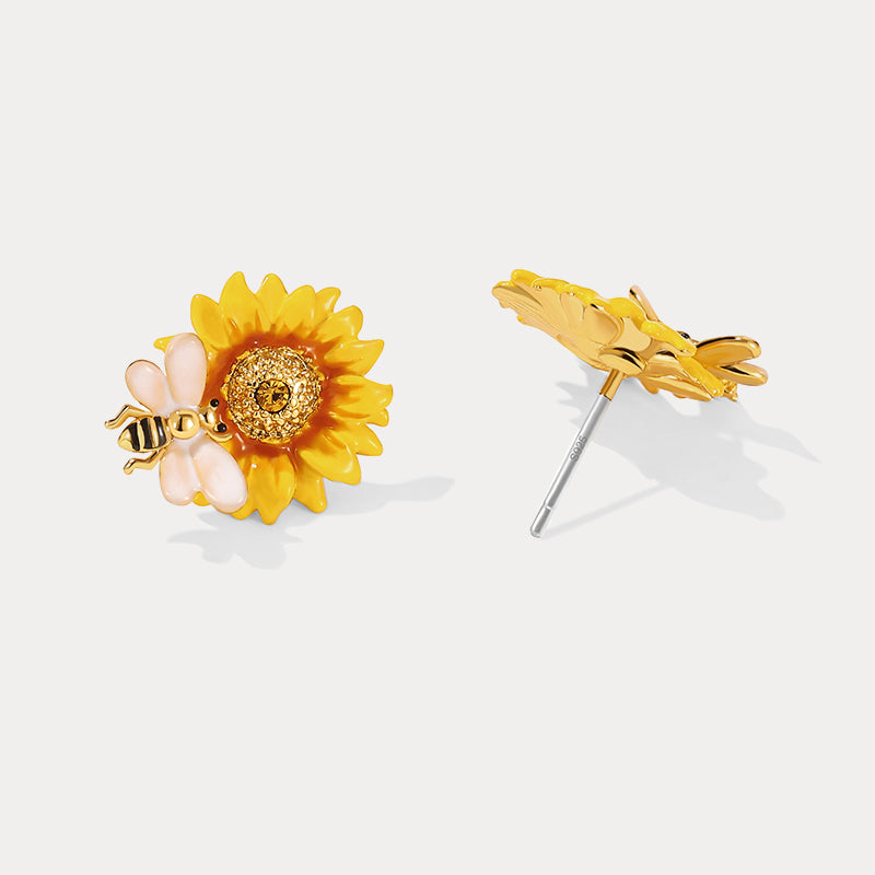Sunflower & Bee Stud Nature Earrings