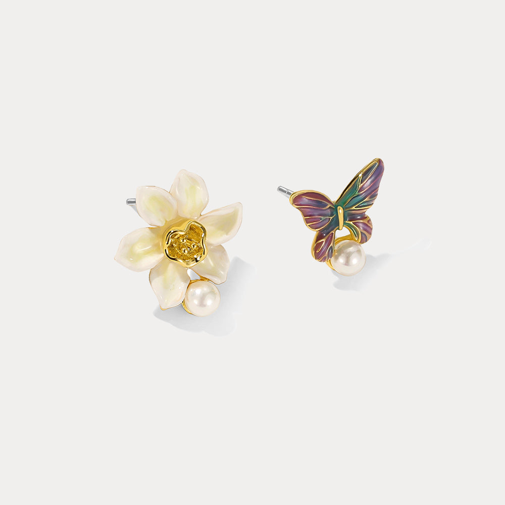 Daffodils & Butterfly Pearl Stud Earrings