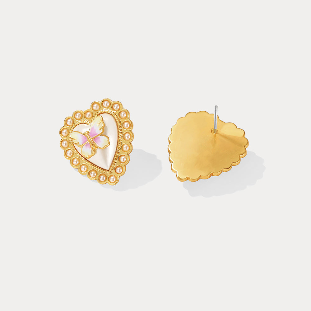 Gold Butterfly Heart Stud Earrings