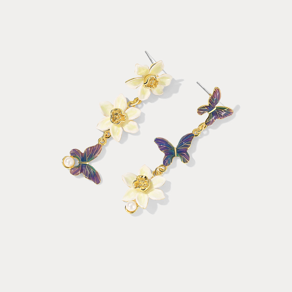 Daffodils & Butterfly Dangling Earrings