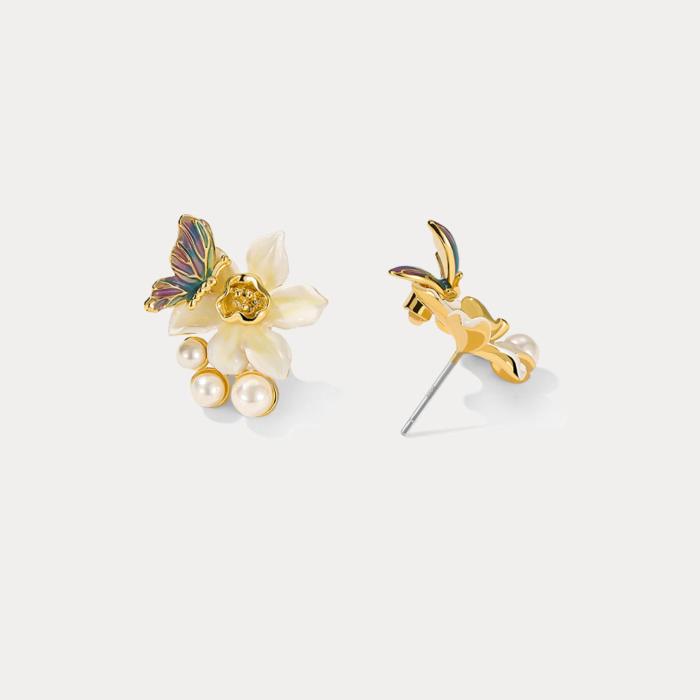 Enamel Daffodils & Butterfly Stud Earrings