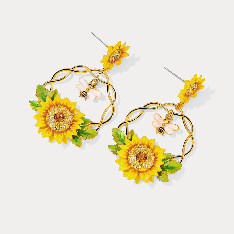 Sunflower & Bee Earrings Enamel Jewelry