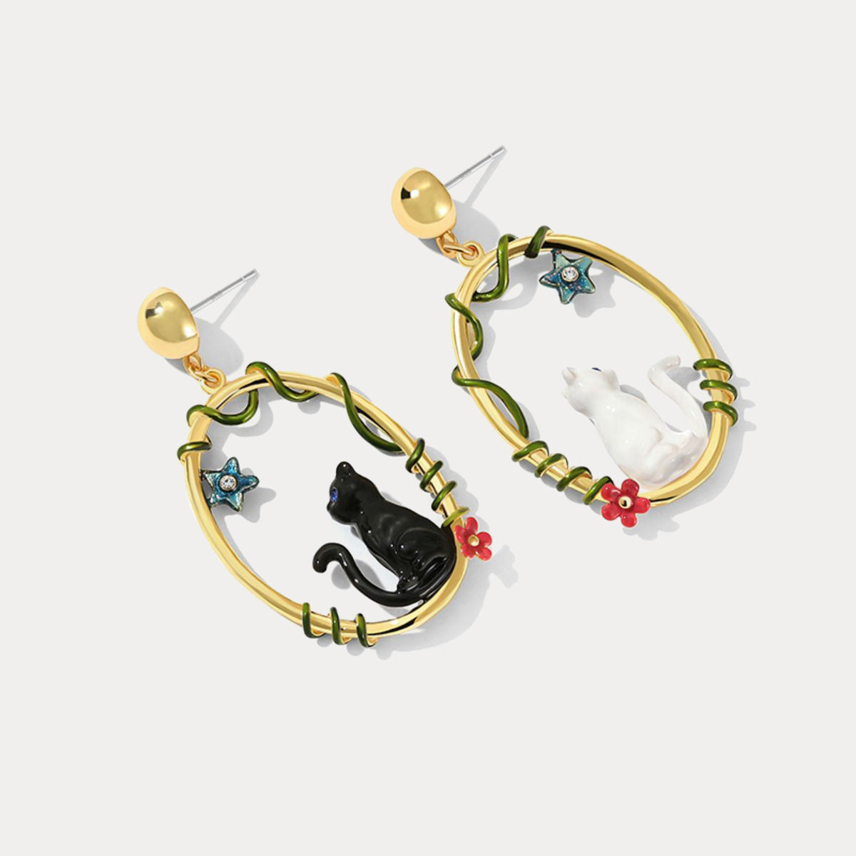 enamel black cat earrings