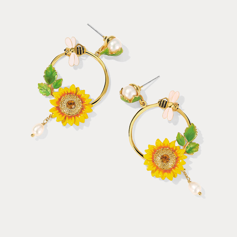 Sunflower & Bee Hoop Earrings