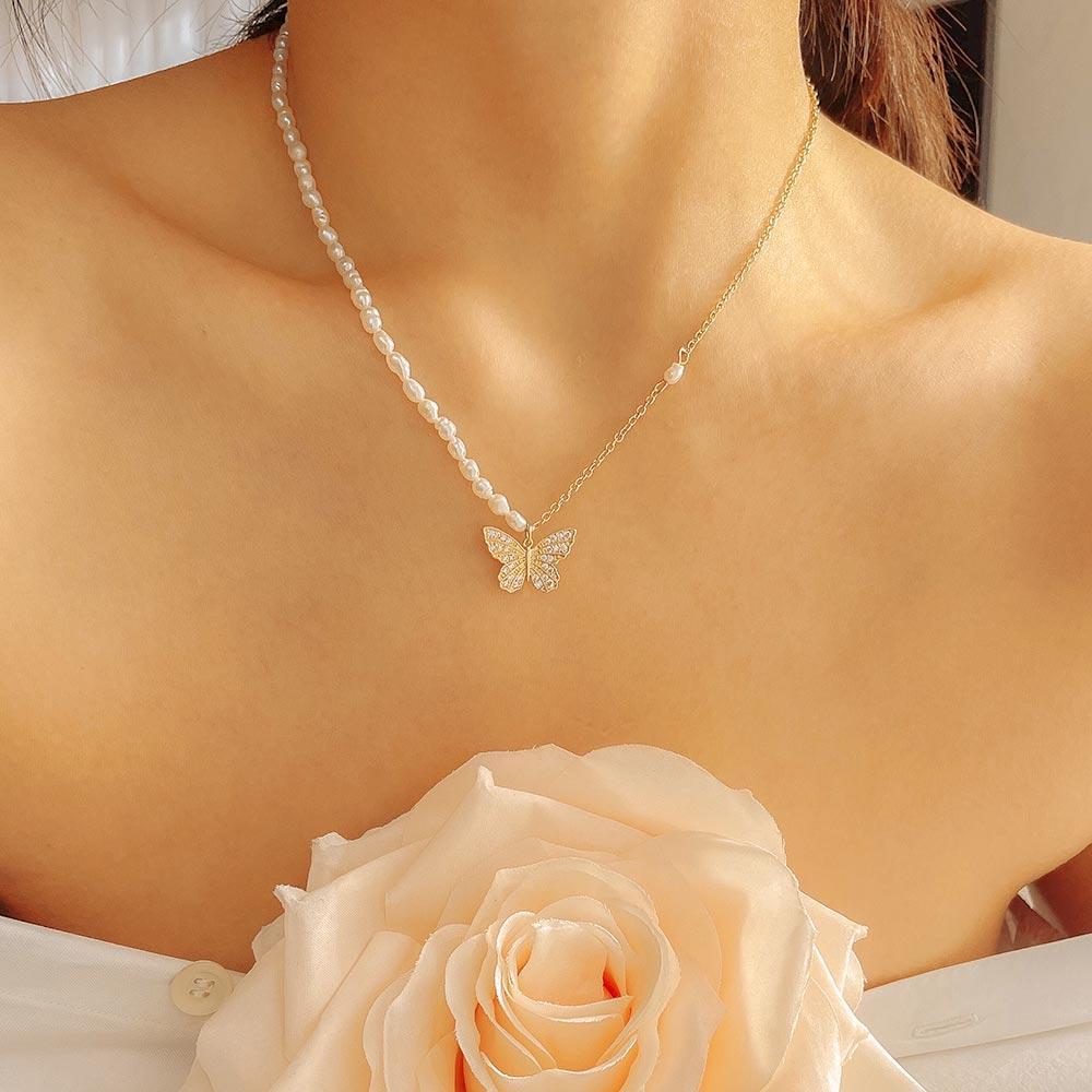 Diamond Butterfly Pearl Necklace