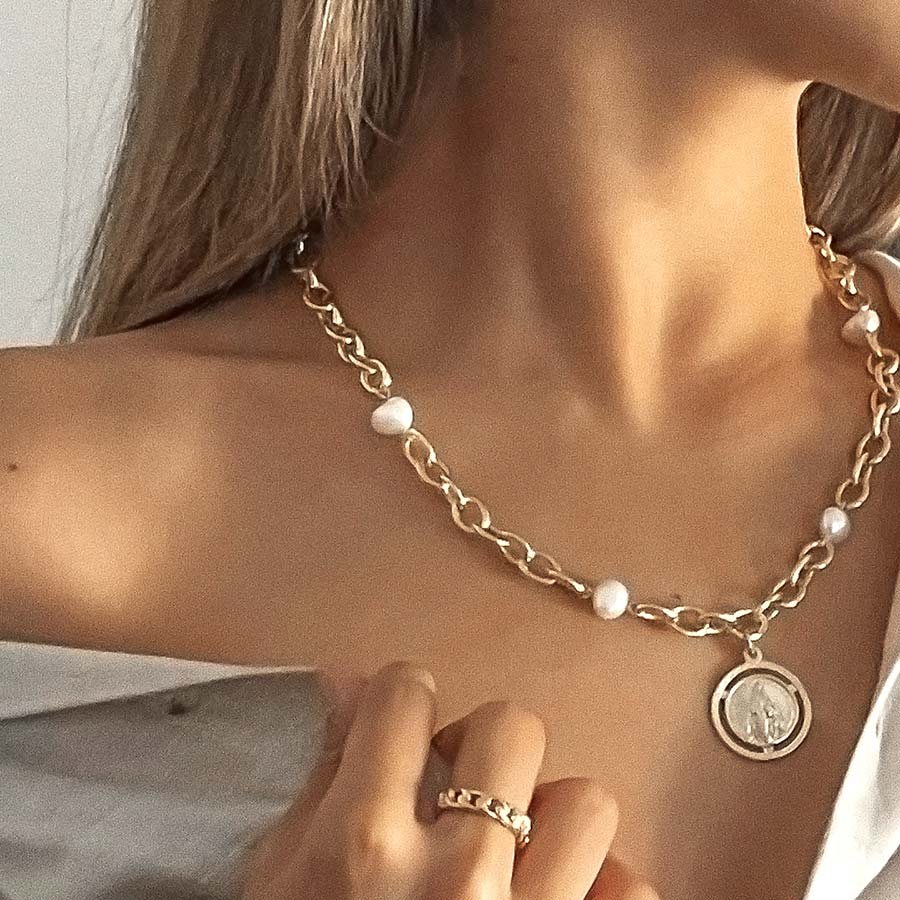 gold pearl coin chain necklace