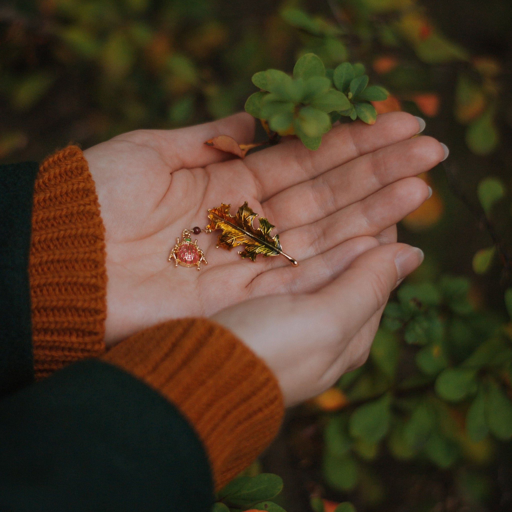 Ladybug Leaf Nature Brooch