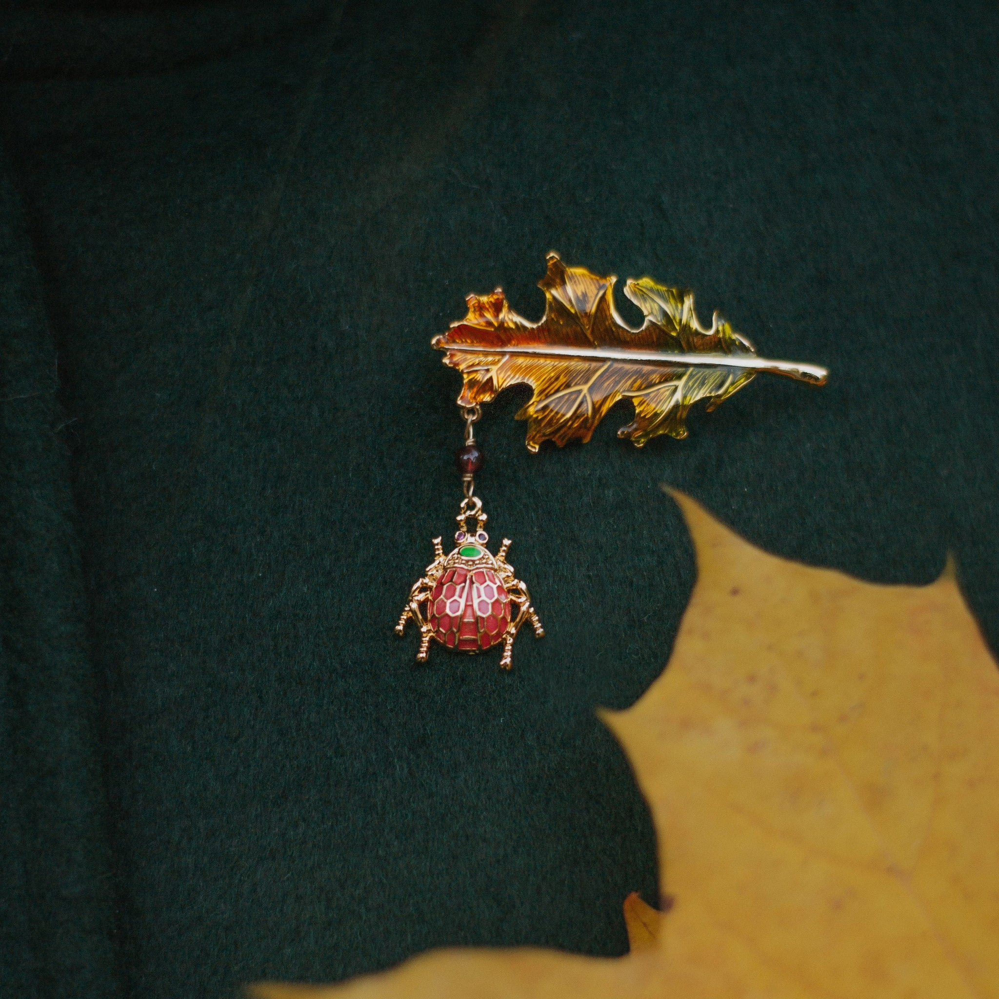 Ladybug Leaf Dangling Brooch