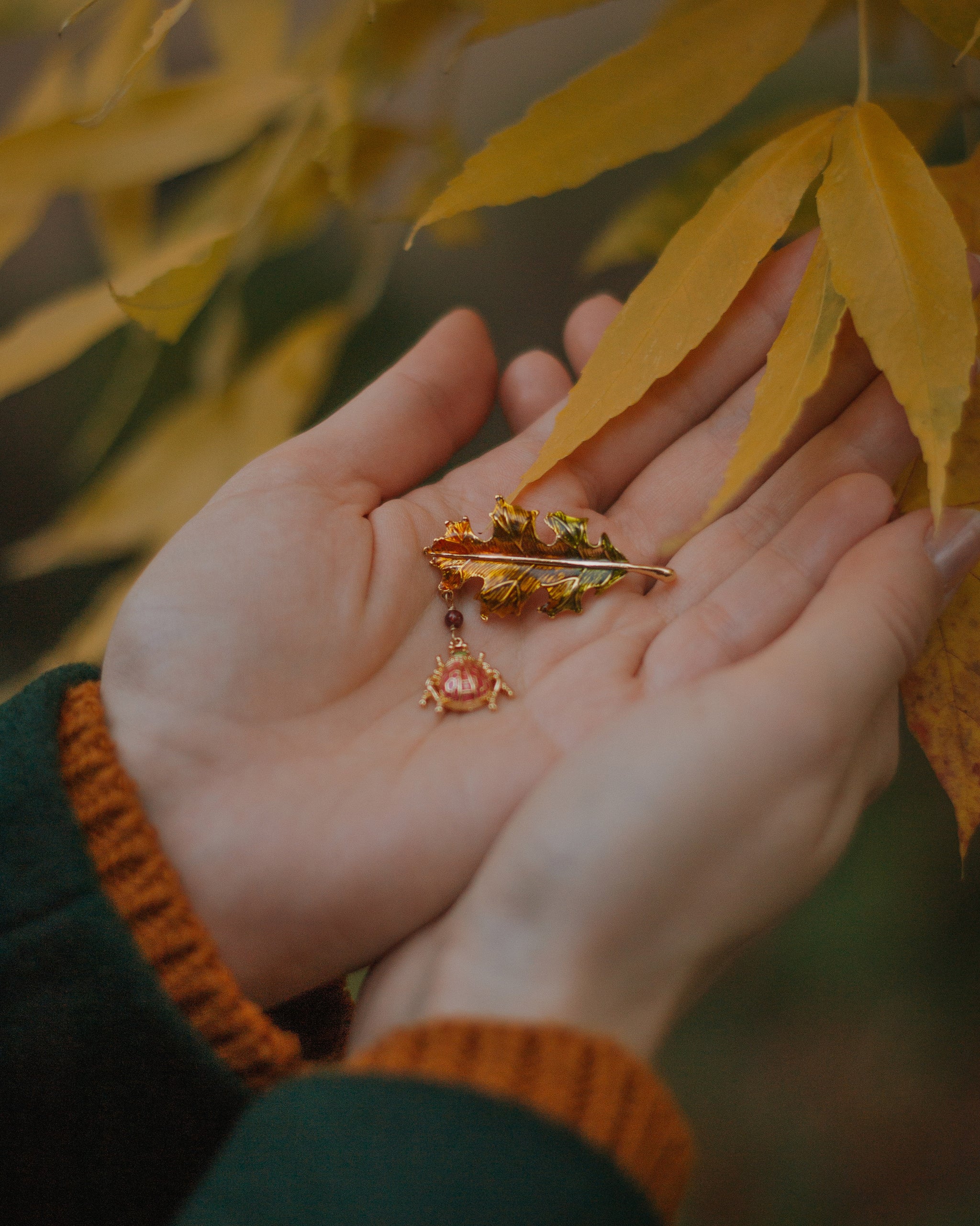Red Ladybug Leaf Brooch